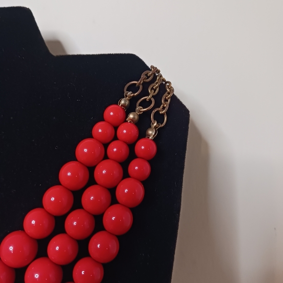 Red 3 Strand Beaded Layered Statement Necklace With Rhinestones 80s Vintage - Picture 5 of 9